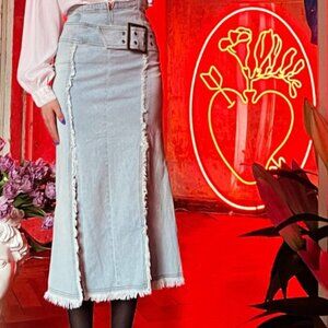 Vintage Blue Denim Skirt with side slits